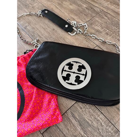 Tory Burch Women's Black Reva Flap Chain Leather Logo Crossbody Bag - Picture 13 of 13